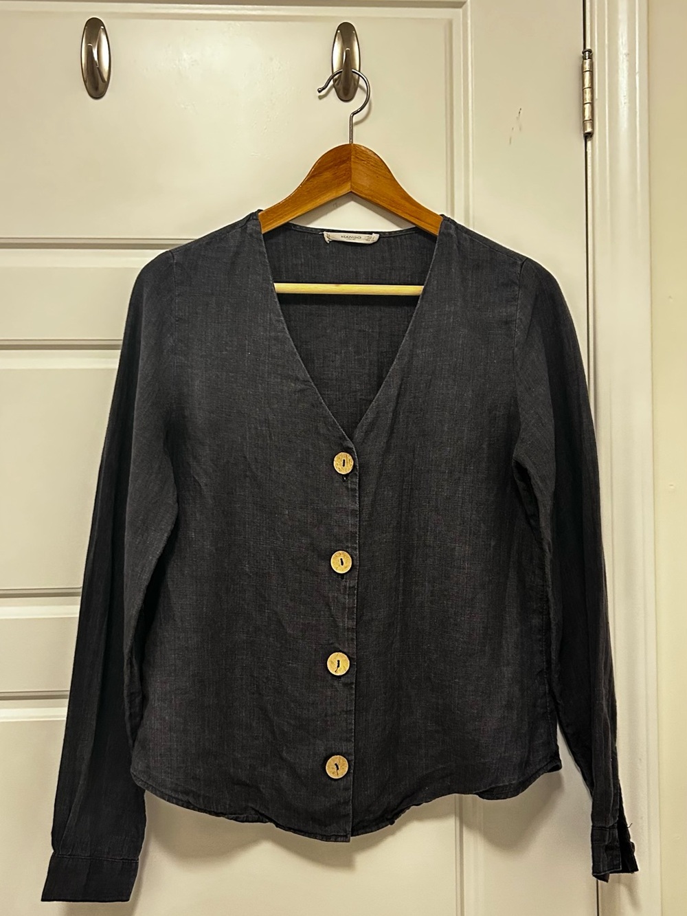 Mango Women's Charcoal Grey Button-Front Linen Blend Top